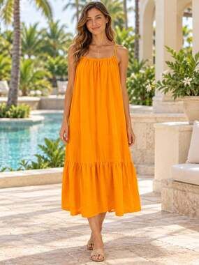 ASOS DESIGN strappy midi sundress with peplum hem in orange. Size 4